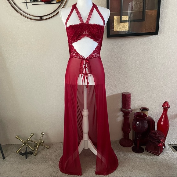 🔥Ooo La La!🔥 Sexy Deep Red Sheer Mesh Front Slit Long Maxi Nightgown Lingerie - Picture 1 of 6